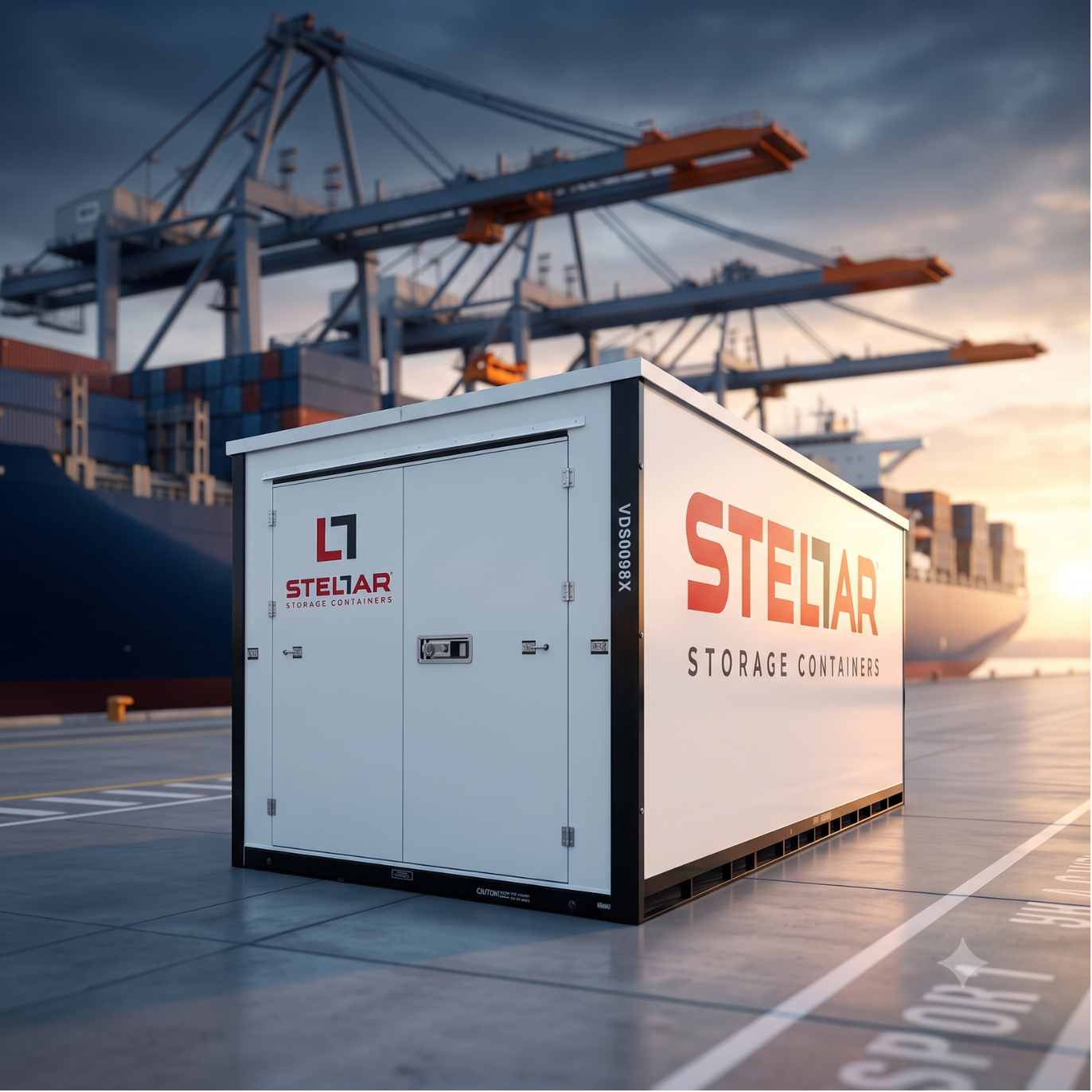 Stellar storage container at a shipping port with cargo cranes